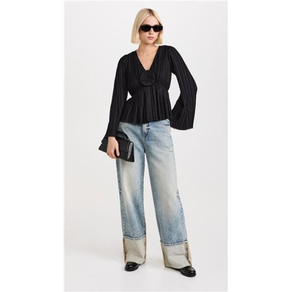 Sea Nomi Solid Rosette Top Black Satin Pleated Fray Peplum Uptown Dark Romantic - Picture 5 of 7